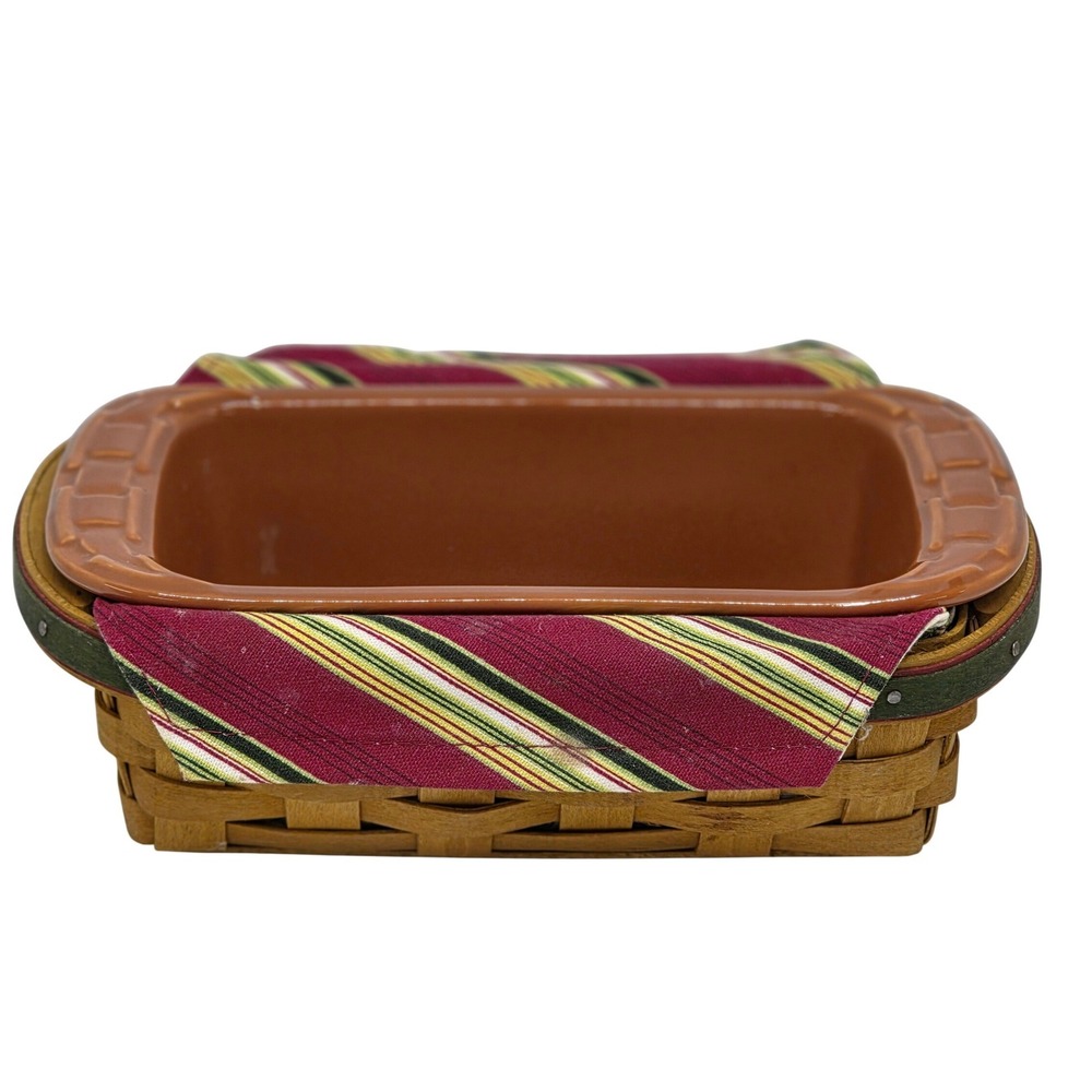 Longaberger Holiday Helper Basket Brown Red Striped Liner Pottery Casserole Dish